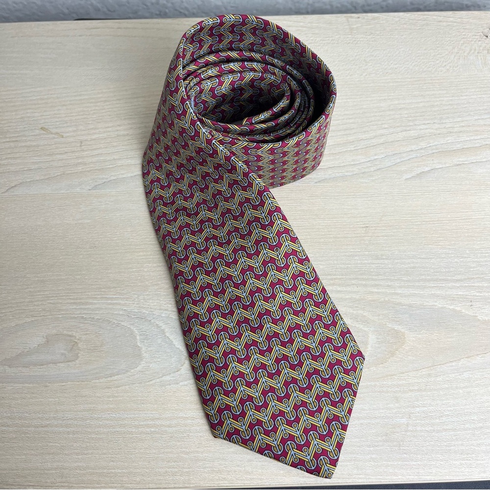 Hermes Silk Tie Geometric Atomic MCM Print Pattern Red Yellow 7356
